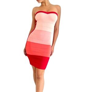 Y2K Bebe Bandage Strapless Coral Combo Colorblock Mini Dress XS Pink Red Orange